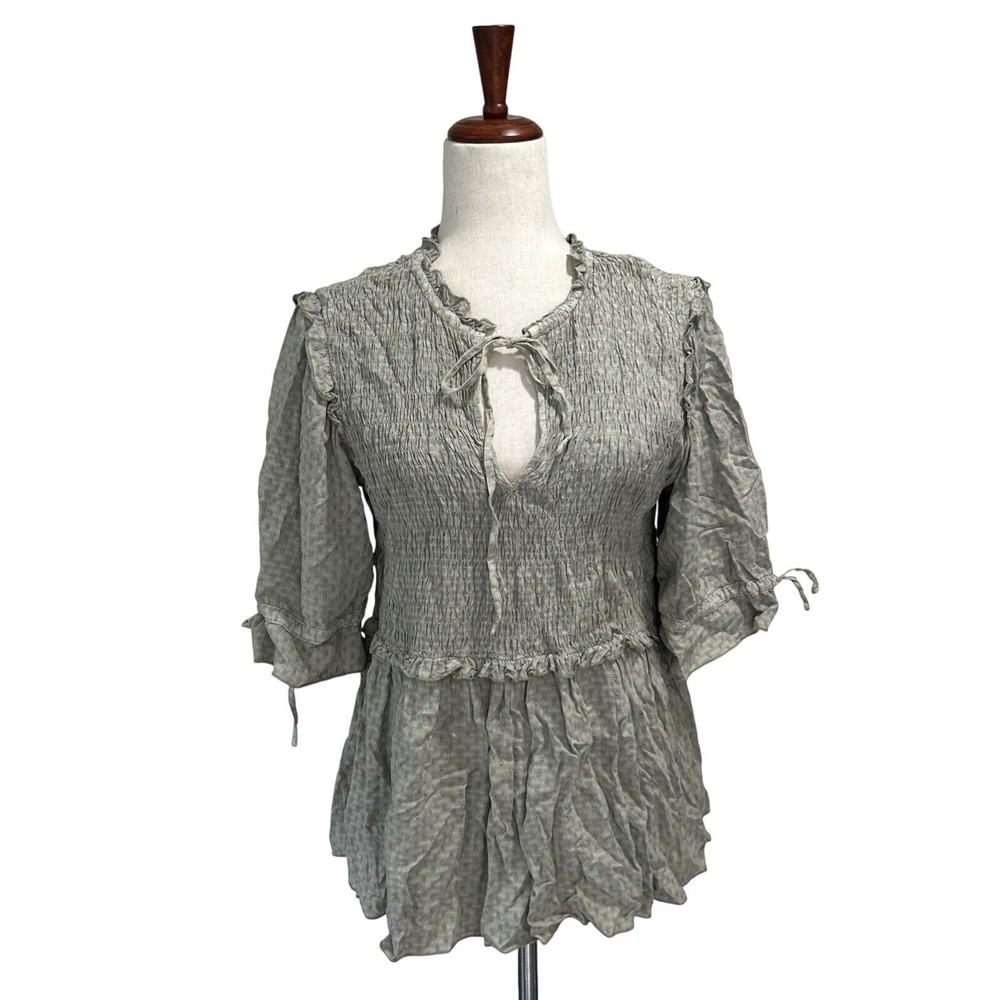 Dear John XS Smocked Blouse Anthropologie Feminine Cottagecore Peplum Top